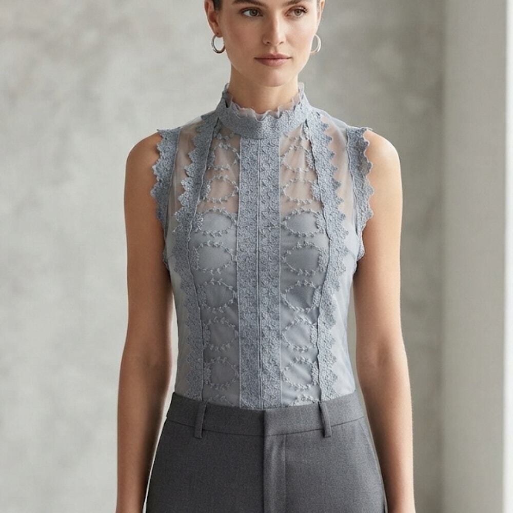 Twentyone Vintage Lace High Neck Popover Blouse Blue Sheer Sleeveless Top Size M